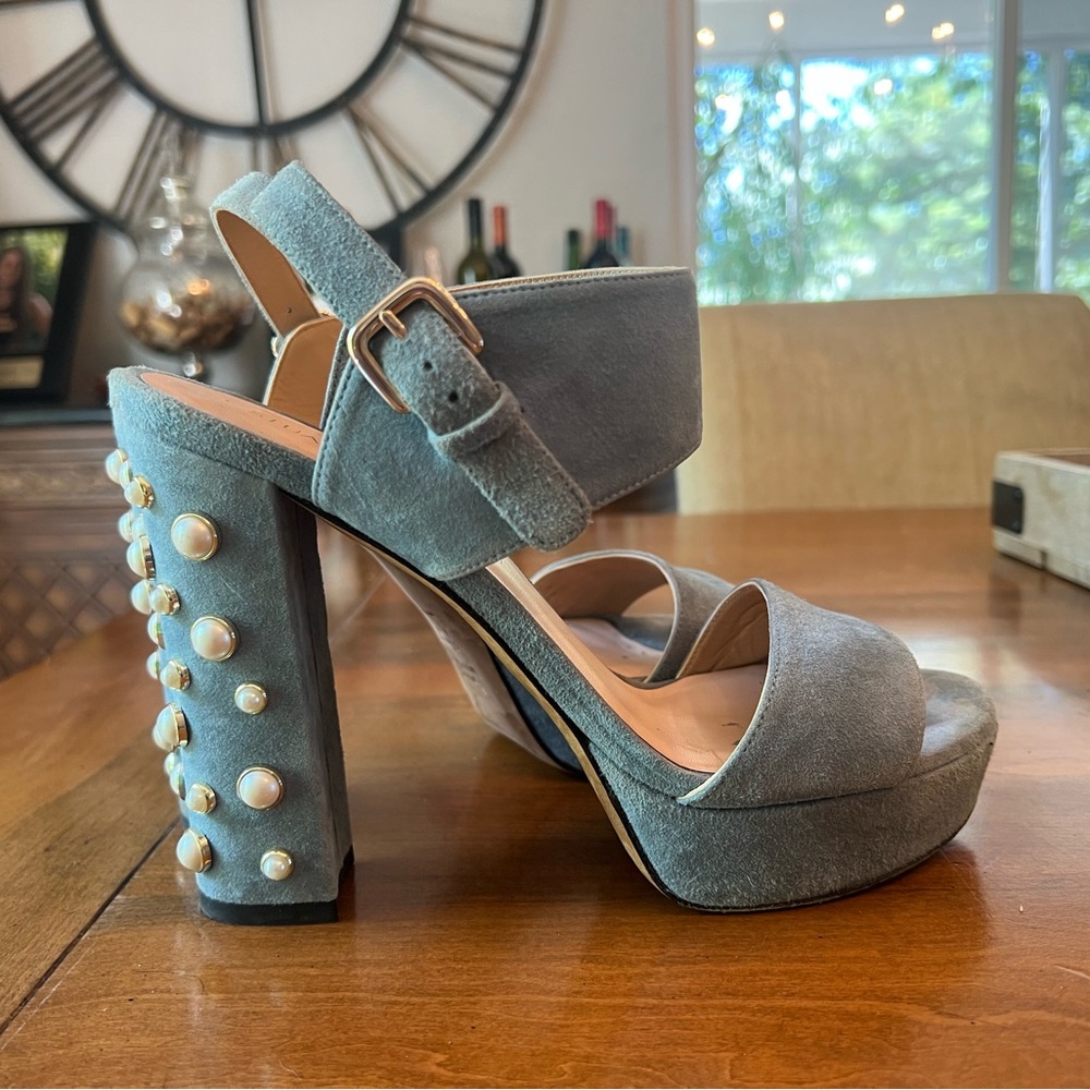 Elegant light blue Suede Platform Heels with Pearl Accents